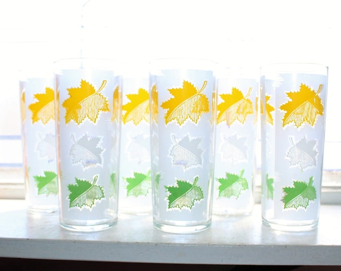 6 Vintage Mid Century Green Yellow Gray Leaves Glass Tumblers