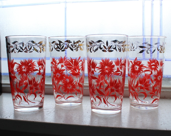 4 Mid Century Glass Tumblers Red Flowers Gold Leaves Vintage 1950s