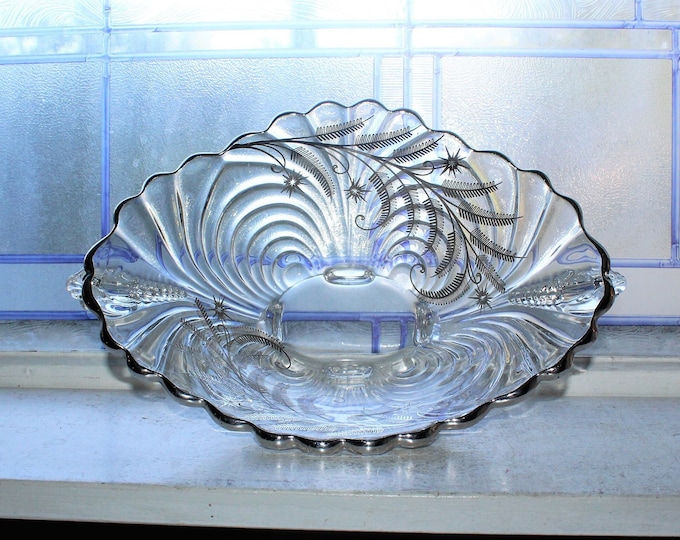 Vintage Cambridge Glass Caprice Large Oval Bowl with Silver Overlay