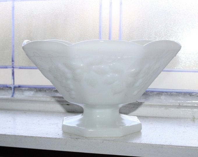 Large Milk Glass Compote Grapes Pattern Vintage 1960s Pedestal Dish