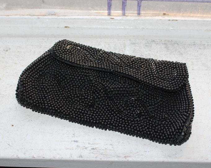 Vintage Beaded Purse Clutch Black Mid Century Evening Bag