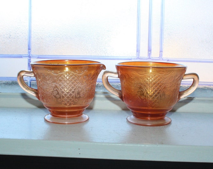 Vintage Normandie Bouquet & Lattice Creamer and Sugar Iridescent Marigold