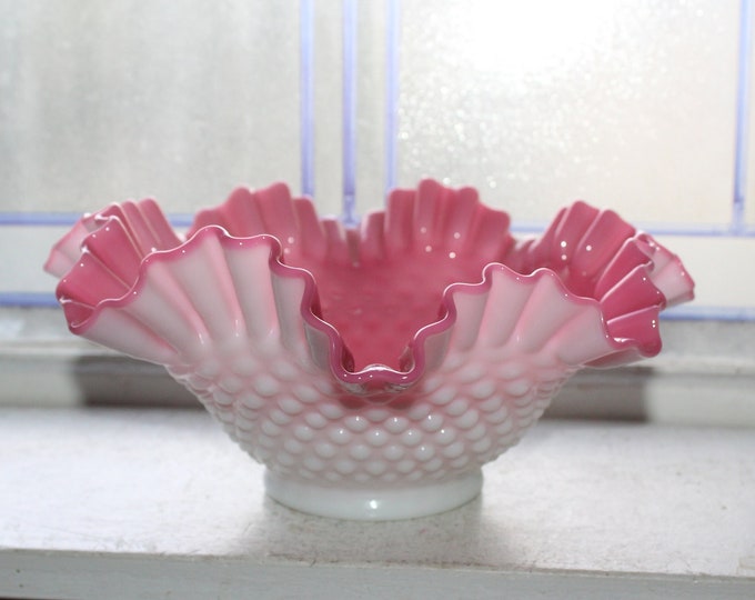 Large Pink and White Hobnail Cased Glass Bowl Vintage Brides Basket