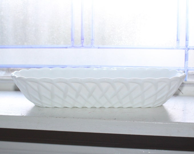 Vintage Milk Glass Celery Dish Basket Weave Pattern