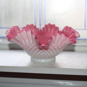 Large Pink and White Hobnail Cased Glass Bowl Vintage Brides Basket