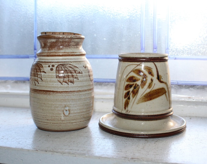 Pair Vintage Brown Studio Pottery Jars Western Decor with Wheat Sheafs