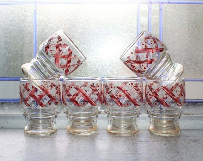 6 Vintage Mid Century Juice Glasses Red and White Plaid