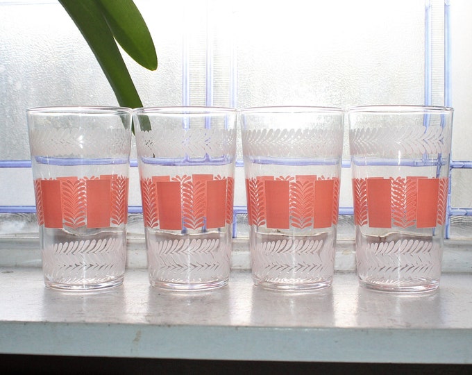 4 Vintage Mid Century Pink & White Federal Glass Tumblers 1950s