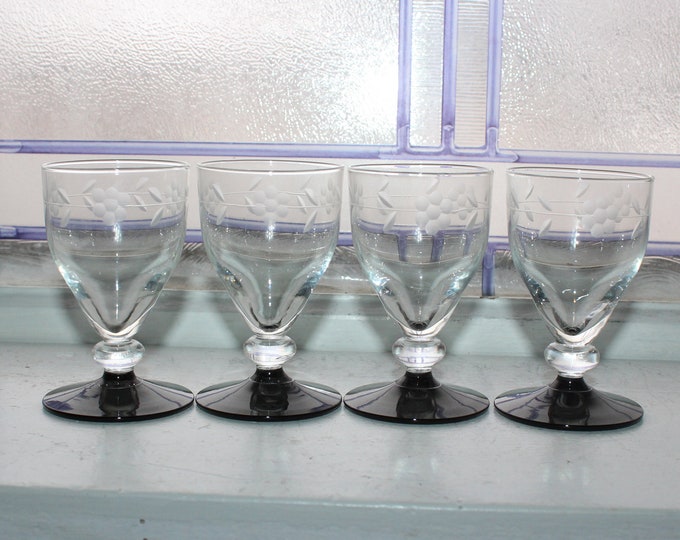 4 Art Deco Weston Glass Cordials Etched with Black Bases
