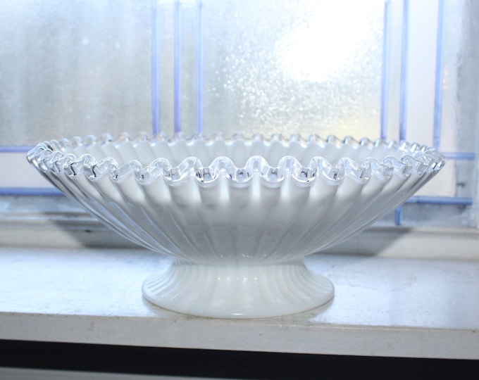 Large Vintage Fenton Glass Silver Crest Ribbed Bowl
