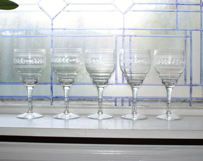 5 Vintage Art Deco Crystal Wine Glasses Wheel Cut Design