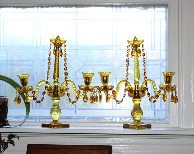 Large Antique Victorian Candelabra Pair Elegant Amber Glass Etsy