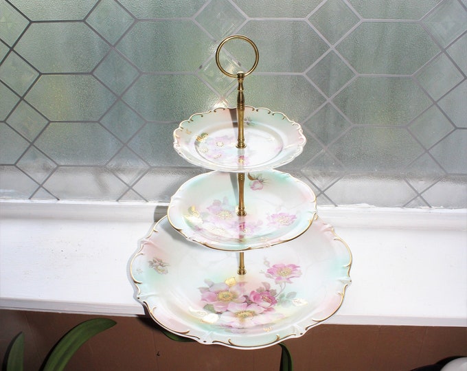 Large Vintage Schumann Arzberg Bavaria Porcelain 3 Tier Tray Hand Painted