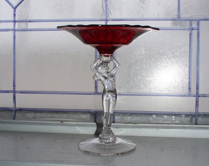 Vintage Ruby Red Cambridge Glass Statuesque Compote Nude Stem