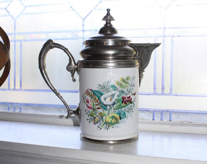 Antique Enamelware & Pewter Coffee Pot with Flowers 19th Century Decor