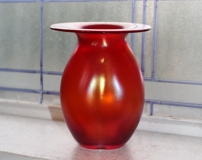 Studio Art Glass Melon Ribbed Vase Red Iridescent with Wide Flared Rim