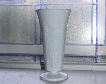 Milk Glass Footed Vase with Grapes Pattern