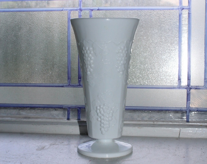 Milk Glass Footed Vase with Grapes Pattern