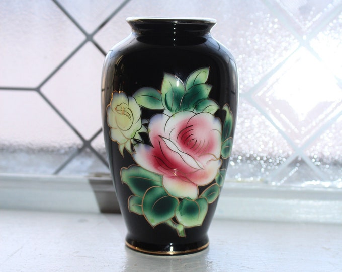 Vintage Black Japanese Kokusui China Bud Vase Pink Flowers Silver Rim
