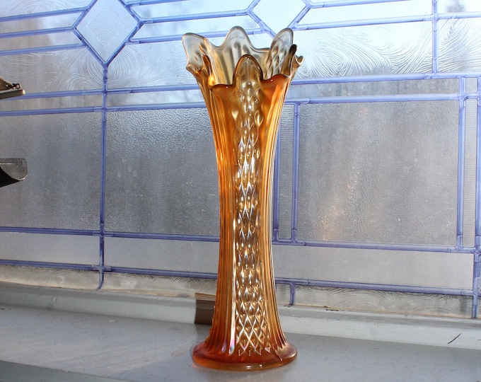 Antique Carnival Stretch Glass Vase Marigold Fenton Diamond Point Columns