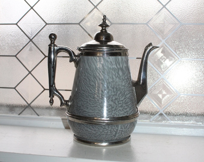 Antique Gray Graniteware & Silverplate Coffee Pot Early 1900s