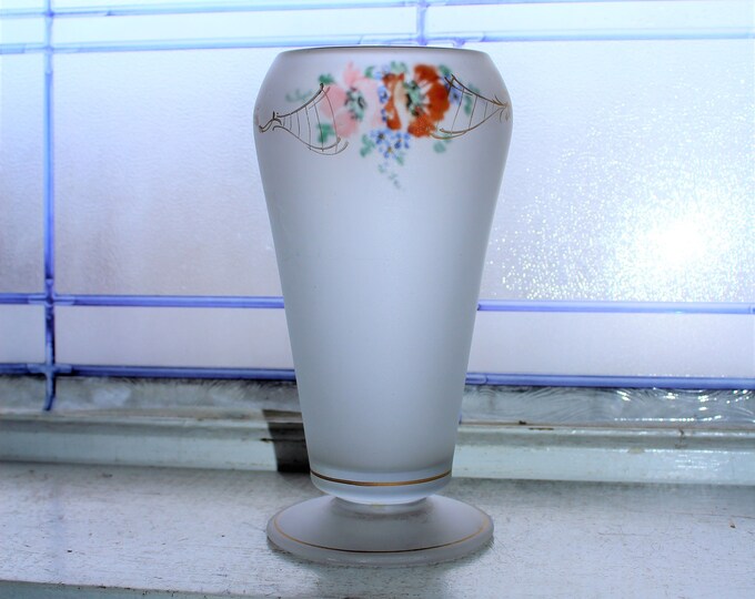 Vintage Art Deco Tiffin Glass Footed Vase Reverse Painted 1930s