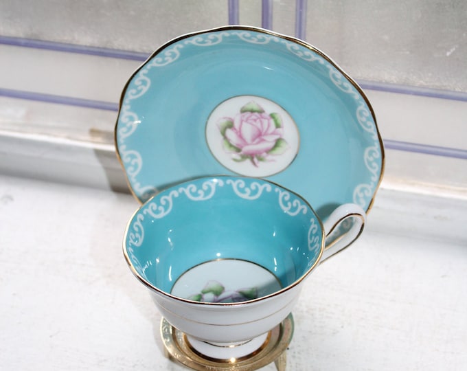 Vintage Royal Albert Tea Cup and Saucer Turquoise Blue with Pink Roses