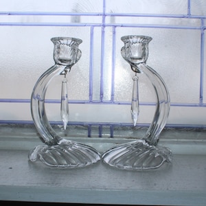 Vintage Cambridge Glass Caprice Candlestick Holder Pair with Shell Foot