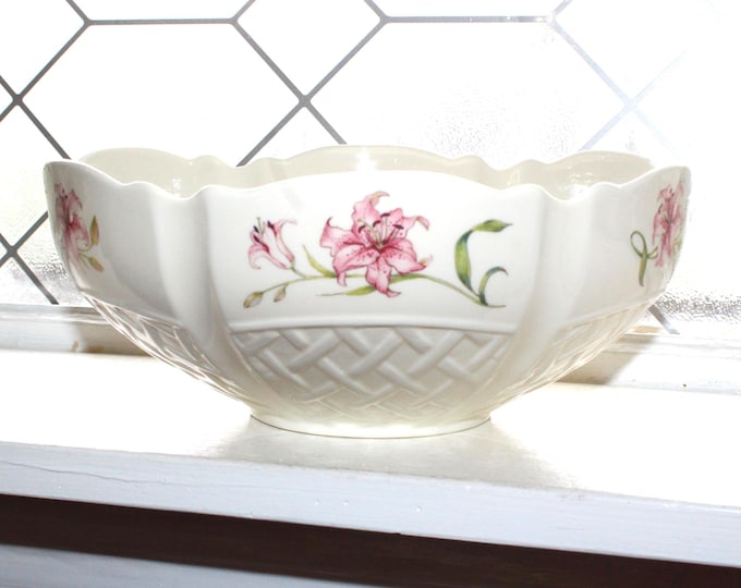 Vintage Belleek Country Trellis Large Serving Bowl with Pink Lilies