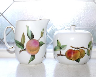 Vintage Royal Worcester Evesham Gold Creamer and Sugar Bowl w/ Lid Gold Trim