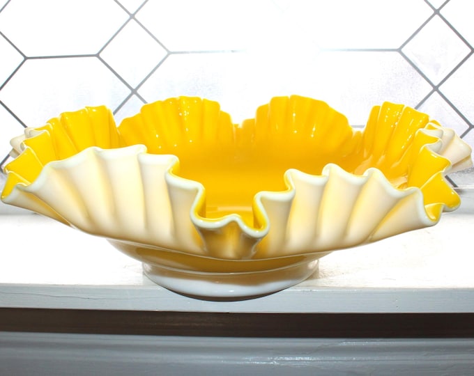 Vintage Fenton Glass Goldenrod Large Bowl Yellow and White Overlay