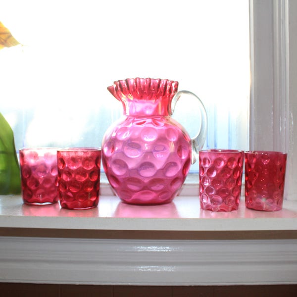 Vintage Cranberry Thumbprint Glass Pitcher and Tumbler Set