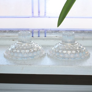 Moonstone Candleholders Pair Opalescent Hobnail Vintage 1940s