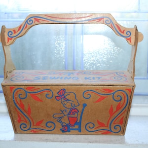 Kit de couture jouet vintage, boîte en carton compact, corbeille, poubelle