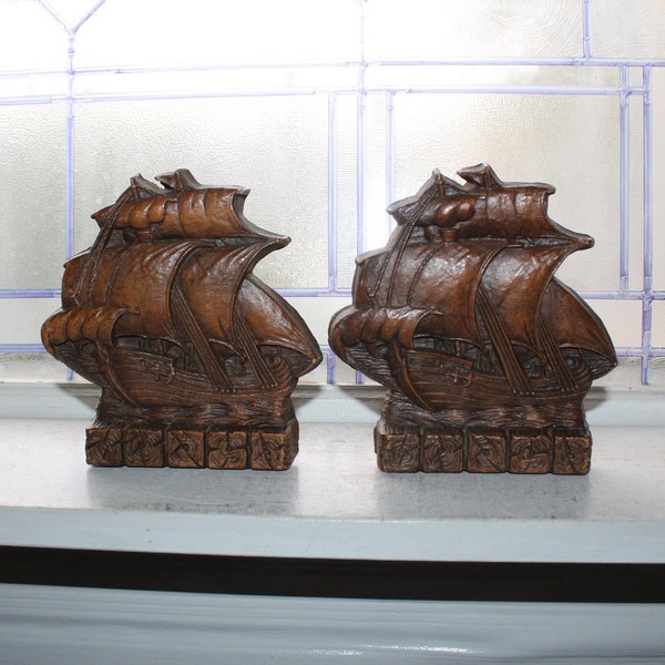 Vintage OrnaWood Sailing Ship Bookends Pair