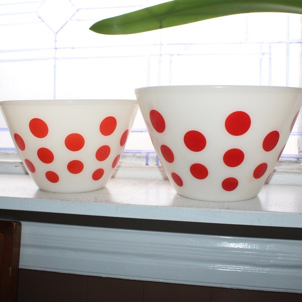 2 Vintage Fire King Glass Red and White Polka Dot Nesting Mixing Bowls