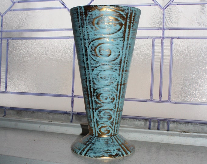 Large Mid Century Cleminson Gold Brush Pottery Vase Turquoise and Gold