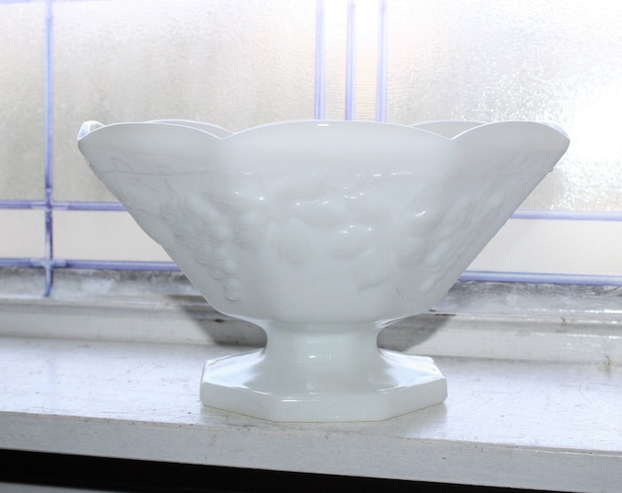 Large Milk Glass Fruit Bowl Grapes Pattern Vintage 1960s Pedestal Dish