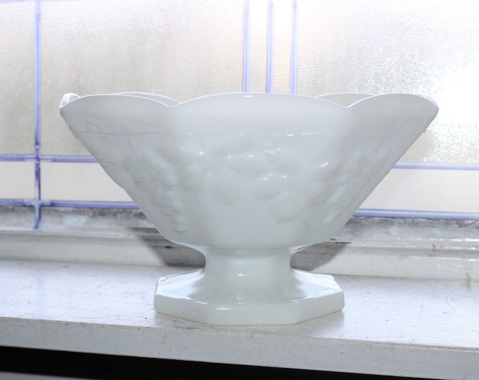 Large Milk Glass Compote Grapes Pattern Vintage 1960s Pedestal Dish