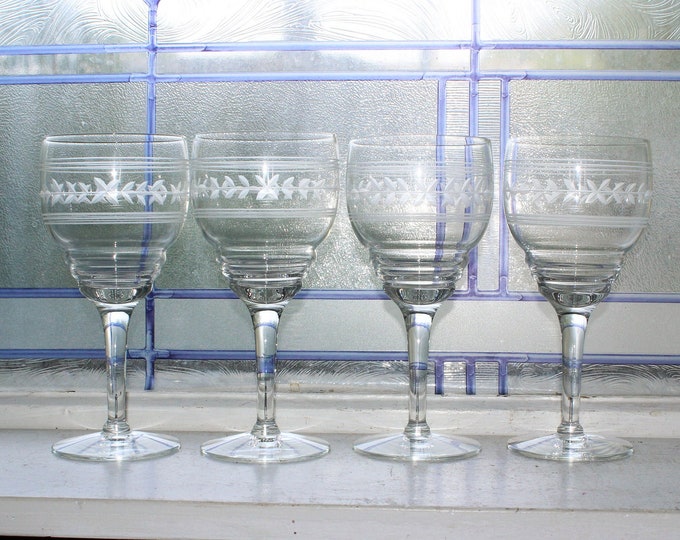 4 Vintage Art Deco Crystal Wine Glasses Wheel Cut Design