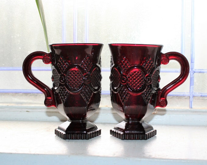 2 Ruby Red Avon Cape Cod Pedestal Mugs Fostoria Unused with Box