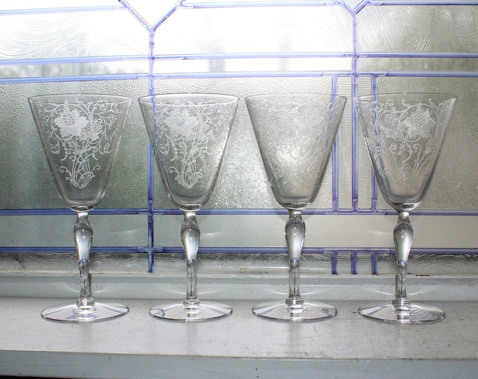 4 Fostoria Woodland Wine Glasses Vintage 1940s Stemware