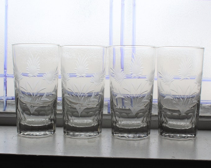 4 Vintage Mid Century Wheel Cut Crystal Tumblers