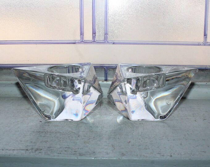 Vintage Orrefors Crystal Triangle Votive Candle Holders Pair