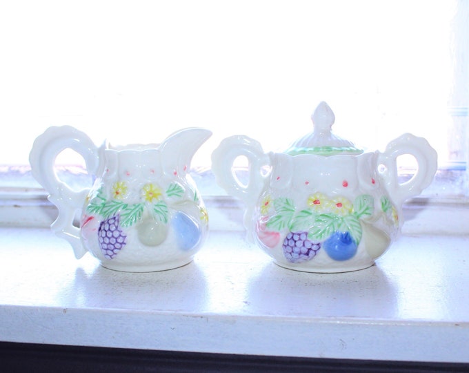 Vintage Pottery Creamer and Sugar Bowl With with Fruit and Flowers