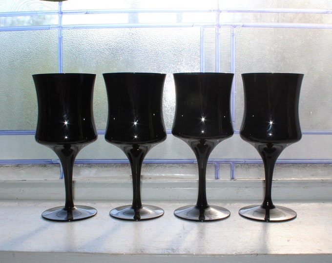 4 Vintage Mid Century Black Wine Glasses Ebony by American Manor