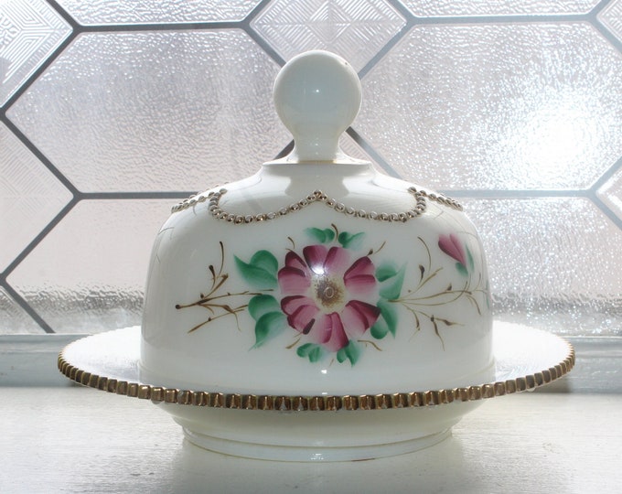 Gorgeous Antique EAPG Milk Glass Butter Dish Hand Painted Flowers