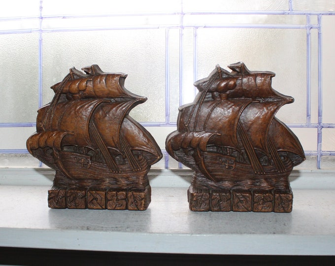 Vintage OrnaWood Sailing Ship Bookends Pair