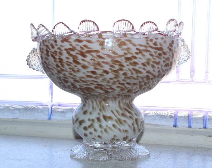 Vintage Murano Glass Bowl Vase Copper Aventurine Leopard Spots & Red Interior