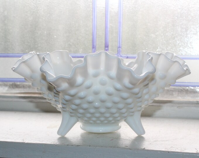 Vintage Fenton Milk Glass Hobnail Triple Footed Candy Dish Ruffled Rim